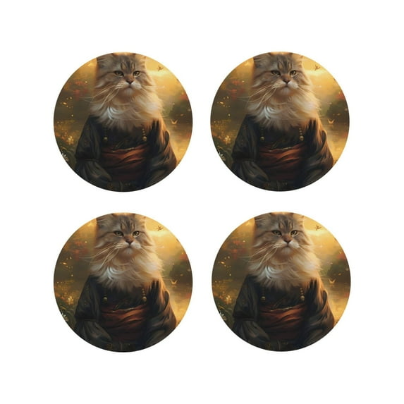 Sigee Lakeside Flower Field Cat for Water-Resistant, Heat-Resistant, Non-Slip Leather Coasters Set, Ideal for Coffee Table, Office, Bar, Home Decor-Round Shape
