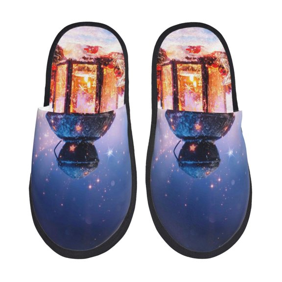 Sigee Lantern On Snow With Christmas for Cozy Furry Slippers Super Soft Indoor and Outdoor Use, Non-Slip Sole Slip On House Slippers-Large