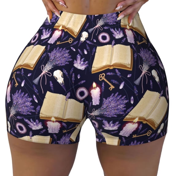 Sigee Lavender Flowers Print Women's High Waist Workout Shorts - Squat Proof, Tummy Control, Yoga and Gym Activewear-Large