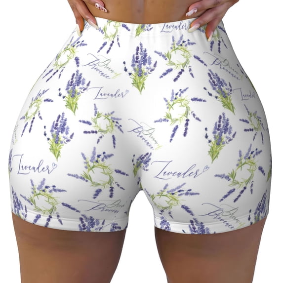 Sigee Lavender Flowers Print Women's High Waist Workout Shorts - Squat Proof, Tummy Control, Yoga and Gym Activewear-