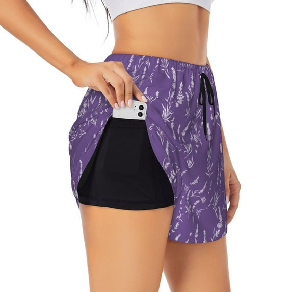 Sigee Lavender Flowers for Women's Athletic Shorts High Waisted Running Shorts Pocket Sporty Short Gym Elastic Workout ShortsMedium