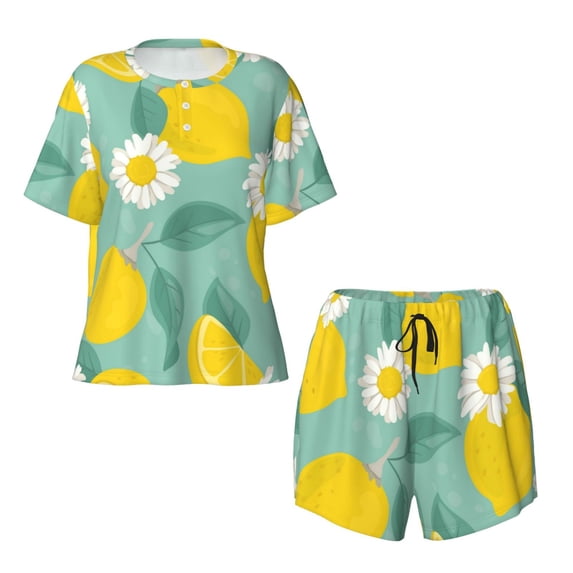 Sigee Lemons Chamomile Flowers And Leaves for Sleepwear Casual Pjs with Pockets Women's Pajamas Sets Shorts 2 Piece Short Sleeve Lounge Sets Large