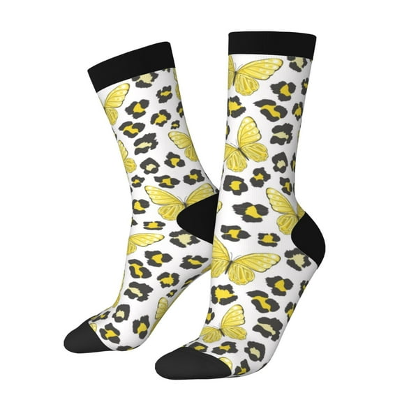 Sigee Leopard And Butterfly for Contrast Design Soft Moisture-Wicking Socks Crew Casual Athletic Stretchy Loose Middle Tube Socks
