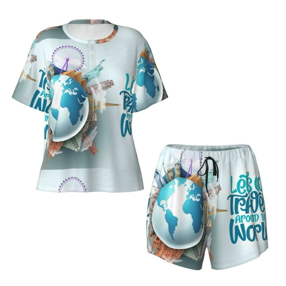 Sigee Let's go Travel Around the World for Sleepwear Casual Pjs with Pockets Women's Pajamas Sets Shorts 2 Piece Short Sleeve Lounge Sets Small