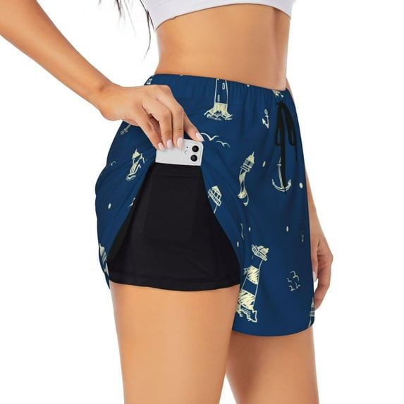 Sigee Lighthouses and Anchors for Women's Athletic Shorts High Waisted Running Shorts Pocket Sporty Short Gym Elastic Workout ShortsMedium