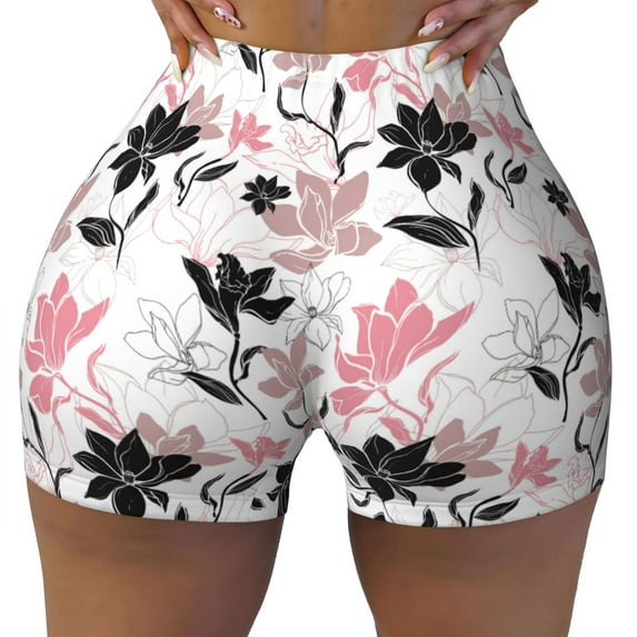 Sigee Lilies Flowers Print Women's High Waist Workout Shorts - Squat Proof, Tummy Control, Yoga and Gym Activewear-Large