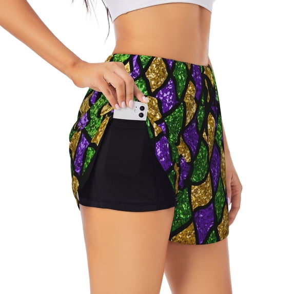 Sigee Mardi Gras Shiny Green Purple for Women's Athletic Shorts High Waisted Running Shorts Pocket Sporty Short Gym Elastic Workout ShortsSmall