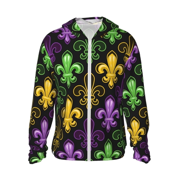 Sigee Mardi Gras1 Print UPF50+ Men's Sun Protection Hoodie Shirt SPF UV Shirt Long Sleeve Fishing Outdoor Lightweight, S-3XL