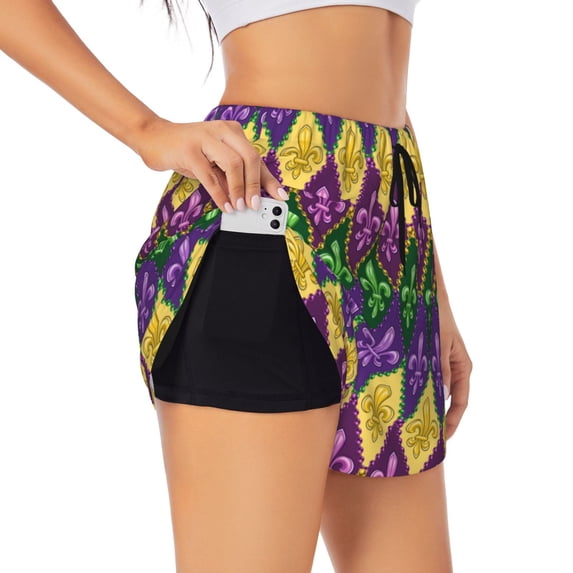 Sigee Mardi Gras4 for Women's Athletic Shorts High Waisted Running Shorts Pocket Sporty Short Gym Elastic Workout Shorts
