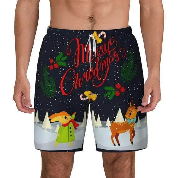 Sigee Merry Christmas Elk Print Mens Swim Trunks with Compression Liner Quick Dry Swim Stretch Beach Shorts with Pockets,S-3XL