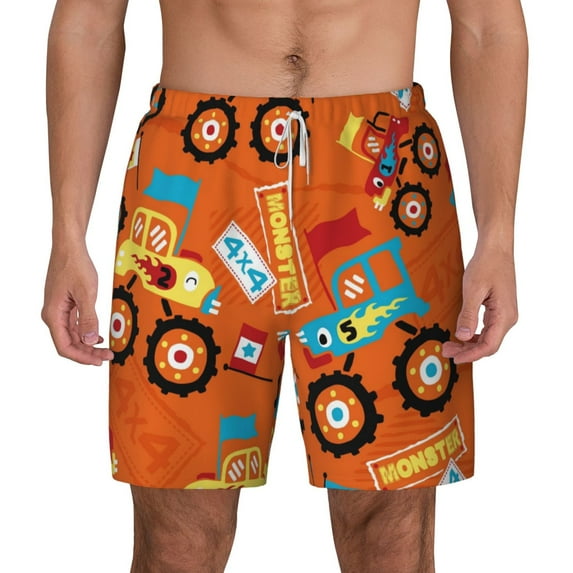 Sigee Monster Truck Print Mens Swim Trunks with Compression Liner Quick Dry Swim Stretch Beach Shorts with Pockets,S-3XL