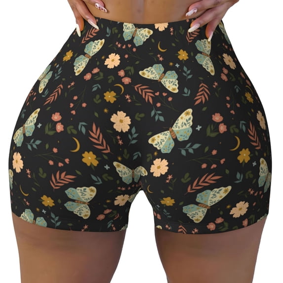 Sigee Moth And Flowers Print Women's High Waist Workout Shorts - Squat Proof, Tummy Control, Yoga and Gym Activewear-Medium