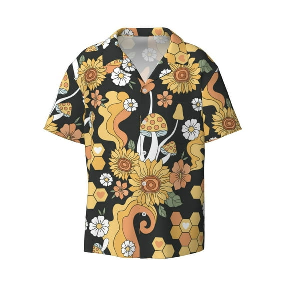 Sigee Mushrooms Honeycomb Print Men's Shirts Casual Button Down Short Sleeve Summer Beach Shirt Hawaiian Vacation Shirts Tee Shirt-3X-Large