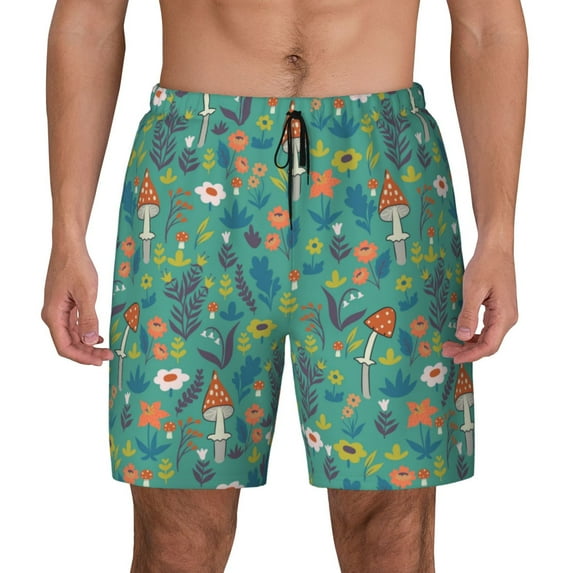 Sigee Mushrooms and Flowers Print Mens Swim Trunks with Compression Liner Quick Dry Swim Stretch Beach Shorts with Pockets,S-3XL