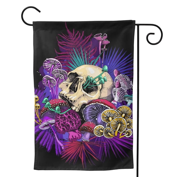 Sigee Mushrooms and Skull for Live Happy Decorative Small Garden Flag,Double Sided Yard Flags Holiday Garden Flags for All Seasons