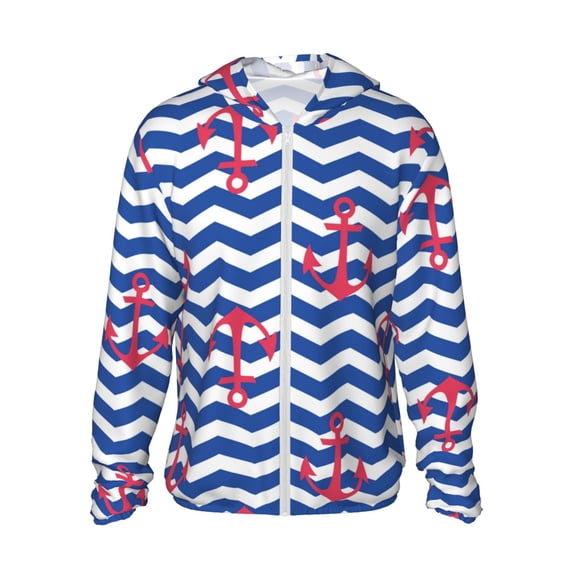 Sigee Nautical Anchors Print UPF50+ Men's Sun Protection Hoodie Shirt SPF UV Shirt Long Sleeve Fishing Outdoor Lightweight, S-3XL