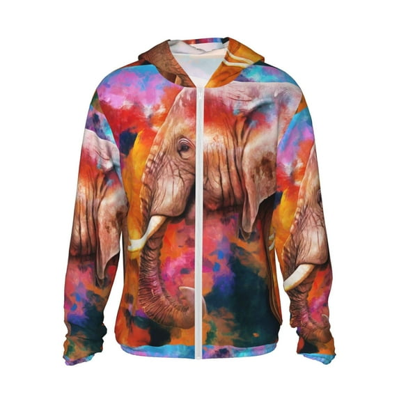 Sigee Oil Paintings of Elephants Print UPF50+ Men's Sun Protection Hoodie Shirt SPF UV Shirt Long Sleeve Fishing Outdoor Lightweight, S-3XL