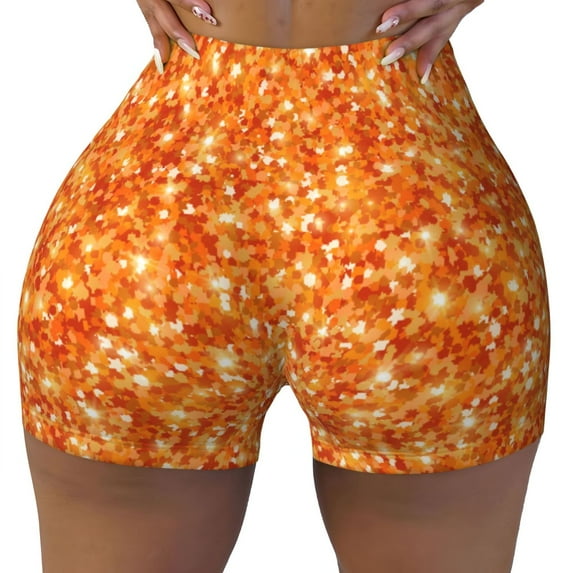Sigee Orange Glitter Print Women's High Waist Workout Shorts - Squat Proof, Tummy Control, Yoga and Gym Activewear-