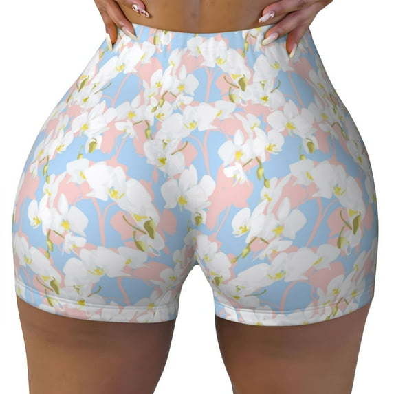 Sigee Orchids Flowers Print Women's High Waist Workout Shorts - Squat Proof, Tummy Control, Yoga and Gym Activewear-Large