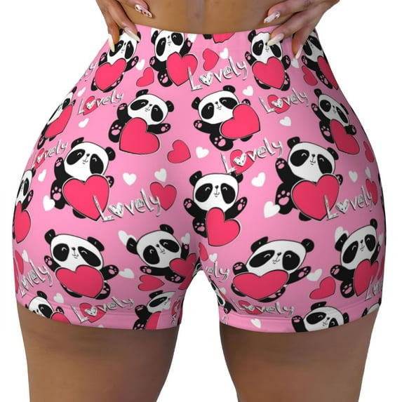 Sigee Panda Heart Valentine Print Women's High Waist Workout Shorts - Squat Proof, Tummy Control, Yoga and Gym Activewear-Small