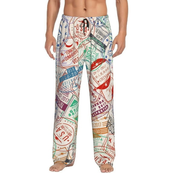 Sigee Passport Stamp Print Men's Pajama Pants - Soft Lounge Sleep Bottoms with Elastic Waistband and Pockets-Small