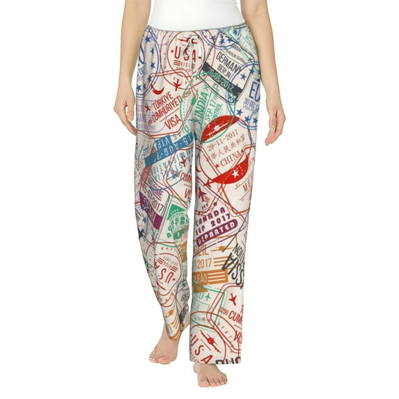 Sigee Passport Stamp Print Women's Soft Pajama Pants - Breathable and Comfortable Lounge Sleep Bottoms with Elastic Waistband and Pockets-Small