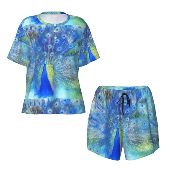 Sigee Peacock for Sleepwear Casual Pjs with Pockets Women's Pajamas Sets Shorts 2 Piece Short Sleeve Lounge Sets Small