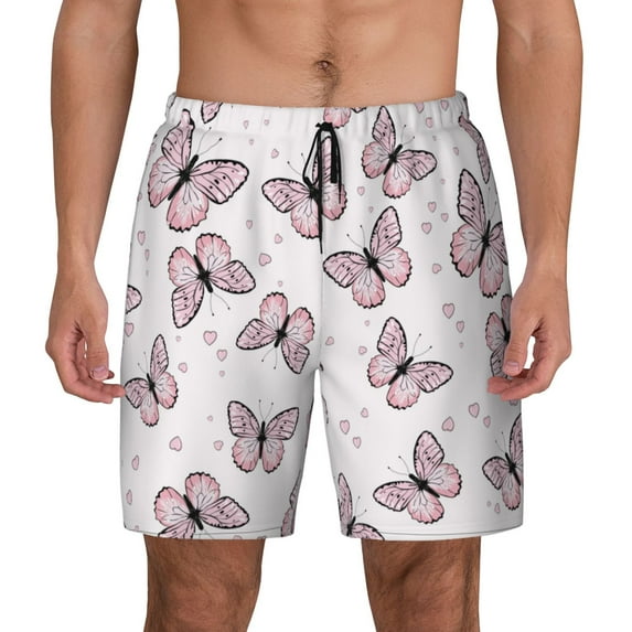 Sigee Pink Butterflies (2) Print Mens Swim Trunks with Compression Liner Quick Dry Swim Stretch Beach Shorts with Pockets,S-3XL