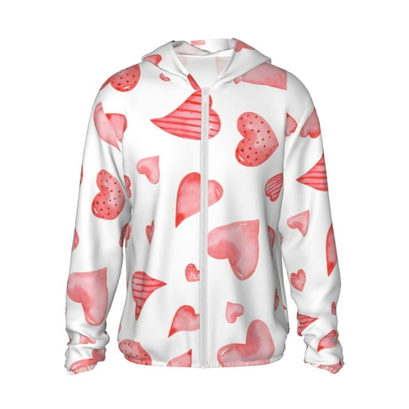 Sigee Pink Hearts Print UPF50+ Men's Sun Protection Hoodie Shirt SPF UV Shirt Long Sleeve Fishing Outdoor Lightweight, S-3XL