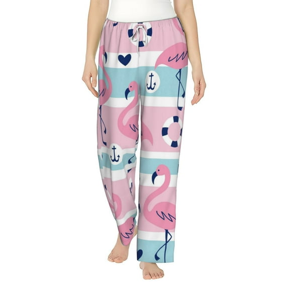 Sigee Pink Striped Flamingo Print Women's Soft Pajama Pants - Breathable and Comfortable Lounge Sleep Bottoms with Elastic Waistband and Pockets-Large