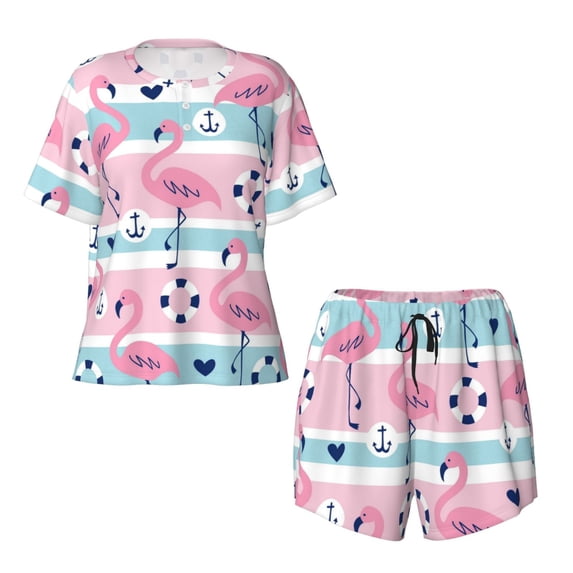 Sigee Pink Striped Flamingo for Sleepwear Casual Pjs with Pockets Women's Pajamas Sets Shorts 2 Piece Short Sleeve Lounge Sets Large
