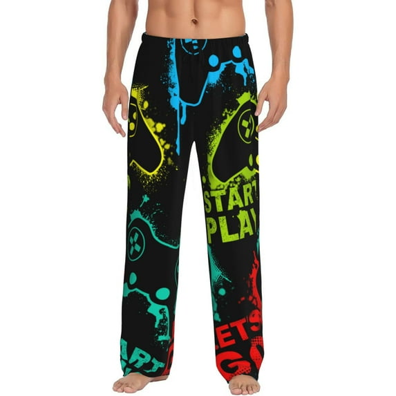 Sigee Play Game Start Print Men's Pajama Pants - Soft Lounge Sleep Bottoms with Elastic Waistband and Pockets-Large