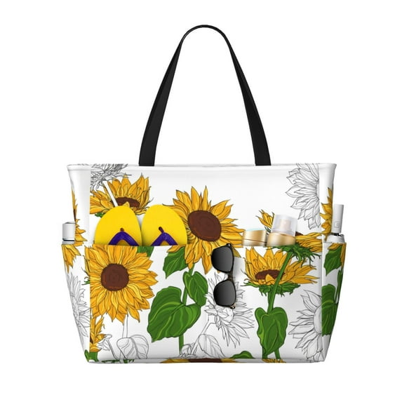 Sigee Plump Sunflower And Sketch Print Extra Large Waterproof Beach Travel Bag with Zipper - Durable and Versatile for Vacation, Gym, and Daily Use