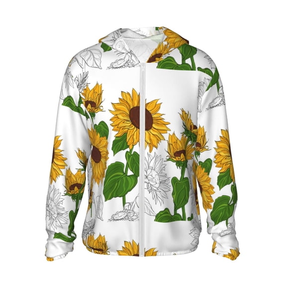 Sigee Plump Sunflower And Sketch Print UPF50+ Men's Sun Protection Hoodie Shirt SPF UV Shirt Long Sleeve Fishing Outdoor Lightweight, S-3XL