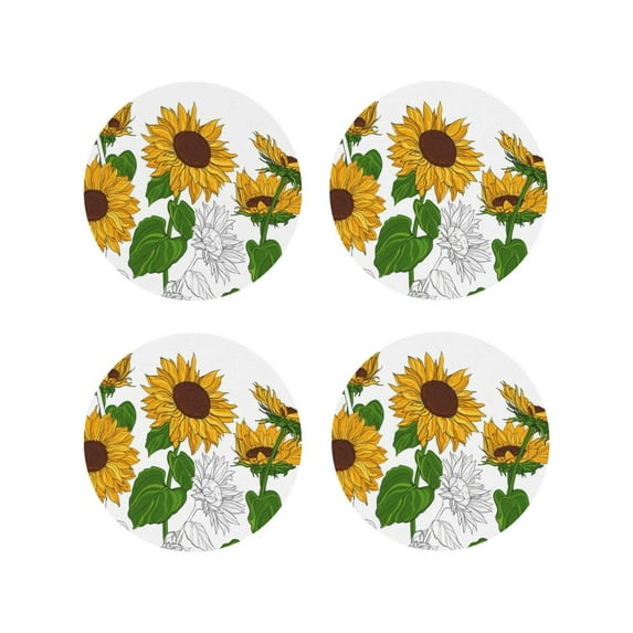 Sigee Plump Sunflower And Sketch for Water-Resistant, Heat-Resistant, Non-Slip Leather Coasters Set, Ideal for Coffee Table, Office, Bar, Home Decor-Round Shape