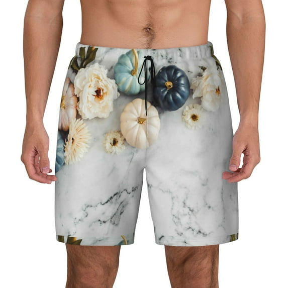 Sigee Pumpkin And White Marble Print Mens Swim Trunks with Compression Liner Quick Dry Swim Stretch Beach Shorts with Pockets,S-3XL