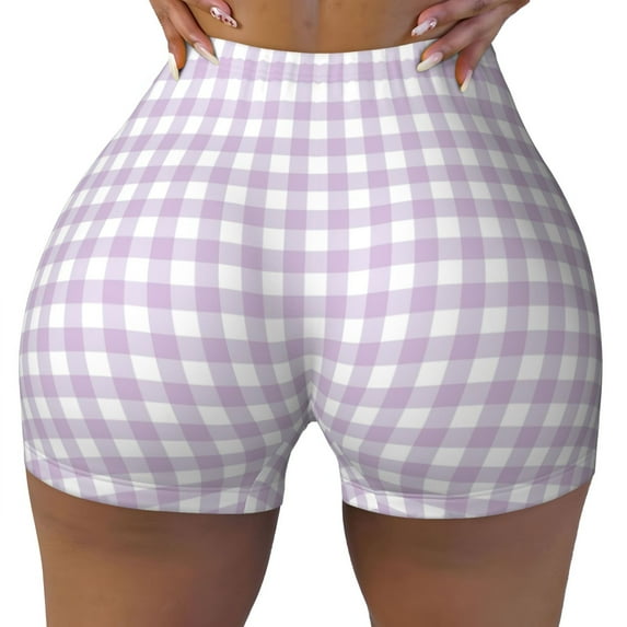 Sigee Purple Checkboard Print Women's High Waist Workout Shorts - Squat Proof, Tummy Control, Yoga and Gym Activewear-Medium
