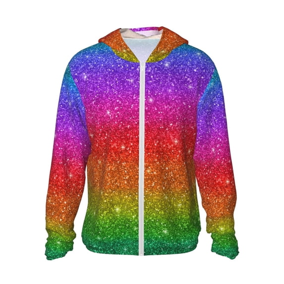 Sigee Rainbow Glitter Print UPF50+ Men's Sun Protection Hoodie Shirt SPF UV Shirt Long Sleeve Fishing Outdoor Lightweight, S-3XL