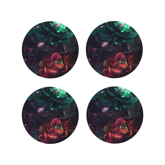 Sigee Red And Green Carnation for Water-Resistant, Heat-Resistant, Non-Slip Leather Coasters Set, Ideal for Coffee Table, Office, Bar, Home Decor-Round Shape