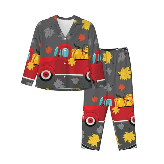 Sigee Red Pickup Truck With Pumpkins for Women’s Pajama Sets Long-Sleeved Pjs Sets for Women 2 piece Sleepwear-X-Large