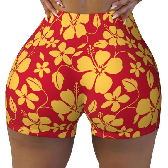 Sigee Red Vintage Flowers Print Women's High Waist Workout Shorts - Squat Proof, Tummy Control, Yoga and Gym Activewear-Large