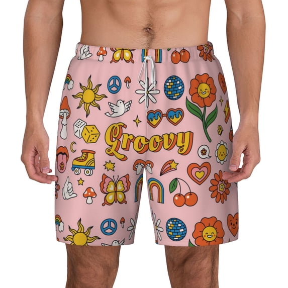 Sigee Retro 70s Hippie Print Mens Swim Trunks with Compression Liner Quick Dry Swim Stretch Beach Shorts with Pockets,S-3XL