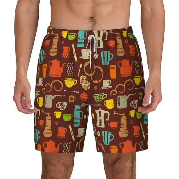 Sigee Retro Coffee Print Mens Swim Trunks with Compression Liner Quick Dry Swim Stretch Beach Shorts with Pockets,S-3XL