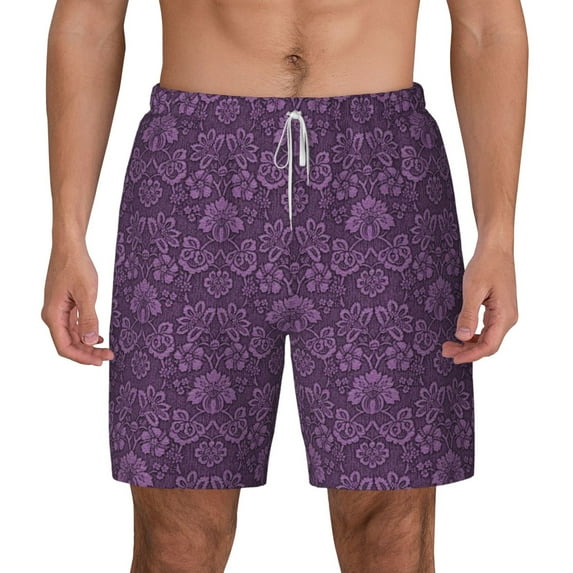 Sigee Retro Florals Purple Print Mens Swim Trunks with Compression Liner Quick Dry Swim Stretch Beach Shorts with Pockets,S-3XL