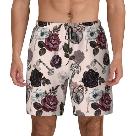 Sigee Retro Red Black Roses Print Mens Swim Trunks with Compression Liner Quick Dry Swim Stretch Beach Shorts with Pockets,S-3XL
