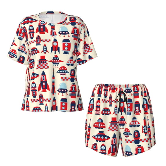 Sigee Rocket Pattern for Sleepwear Casual Pjs with Pockets Women's Pajamas Sets Shorts 2 Piece Short Sleeve Lounge Sets Small