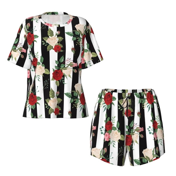 Sigee Rose Flowers for Sleepwear Casual Pjs with Pockets Women's Pajamas Sets Shorts 2 Piece Short Sleeve Lounge Sets 3X-Large