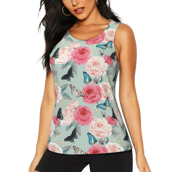 Sigee Roses and Butterflies for Women's Workout Tank Top,Running Tank Tops,Sleeveless Gym ClothesSmall