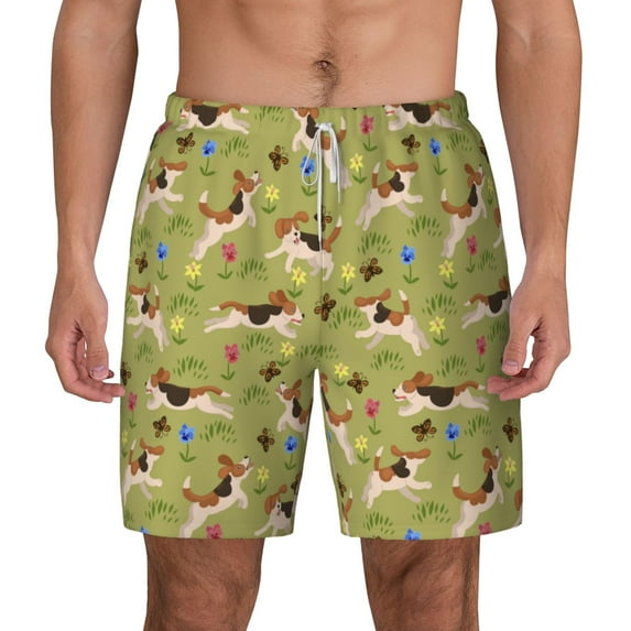 Sigee Running Beagle Print Mens Swim Trunks with Compression Liner Quick Dry Swim Stretch Beach Shorts with Pockets,S-3XL