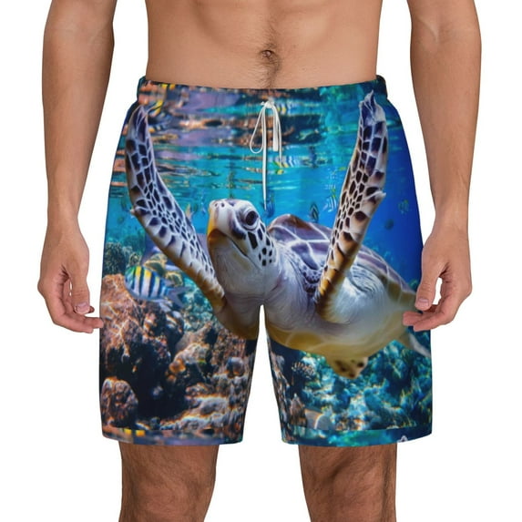 Sigee Sea Turtle Swims Print Mens Swim Trunks with Compression Liner Quick Dry Swim Stretch Beach Shorts with Pockets,S-3XL